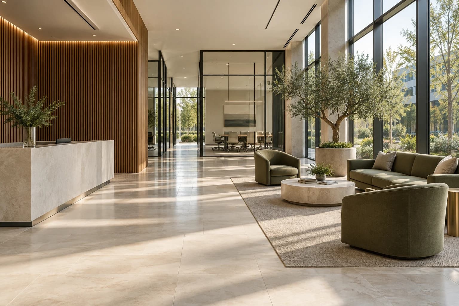 Bright, orderly office lobby with glass walls and natural light